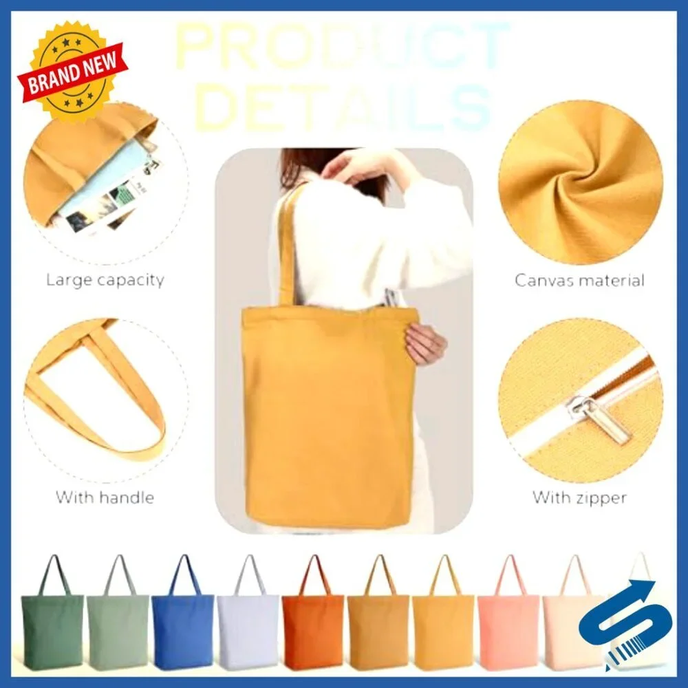 Canvas Tote Bags Bulk Reusable Foldable Zipper Grocery Shopping Storage